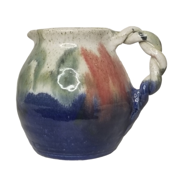 Handmade Pottery Pitcher 6" with Braided Handle Blue Brown Green Speckled Glaze - Picture 1 of 12